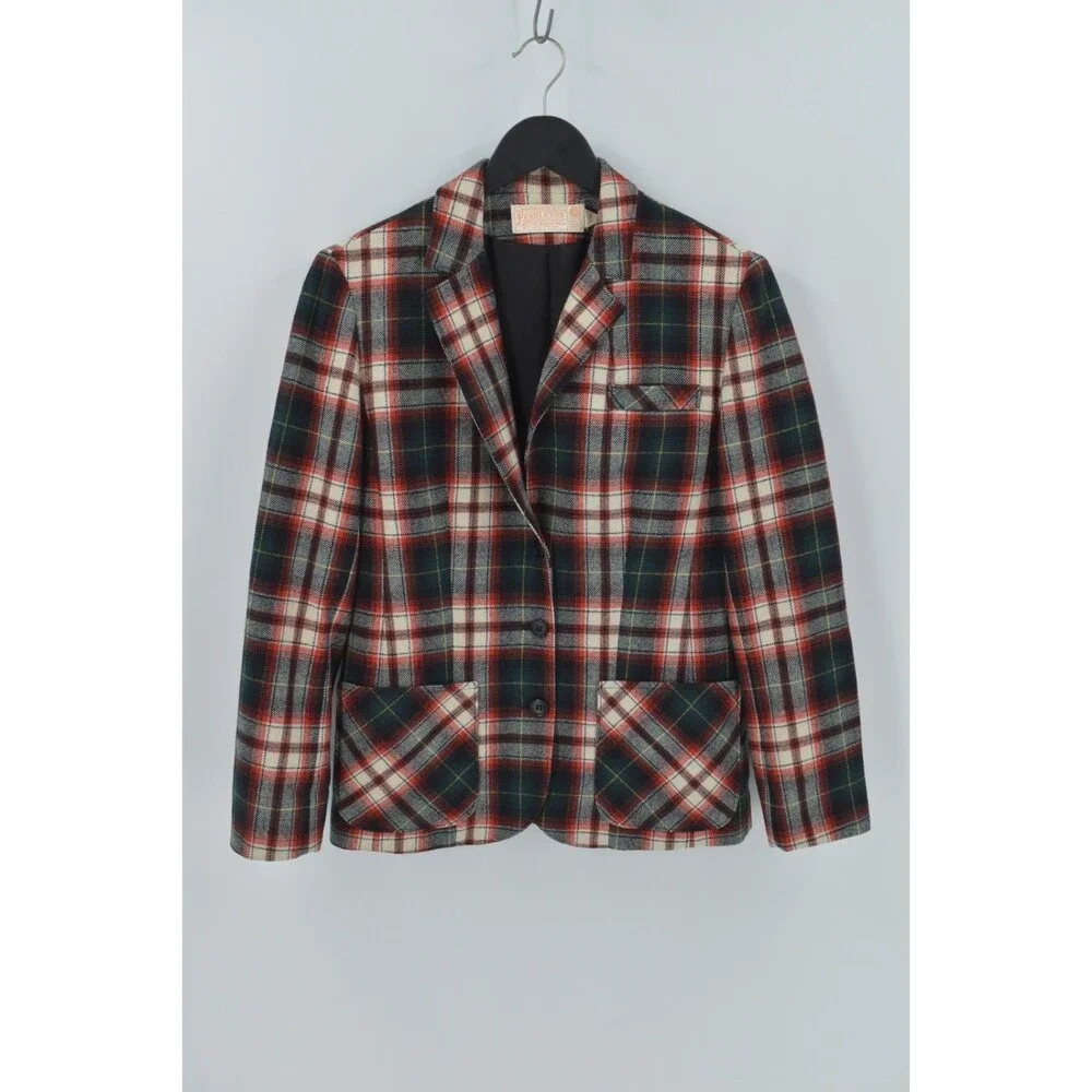 Vintage Pendleton Wool Plaid Blazer Jacket Women Sz 6 Red Green Tartan